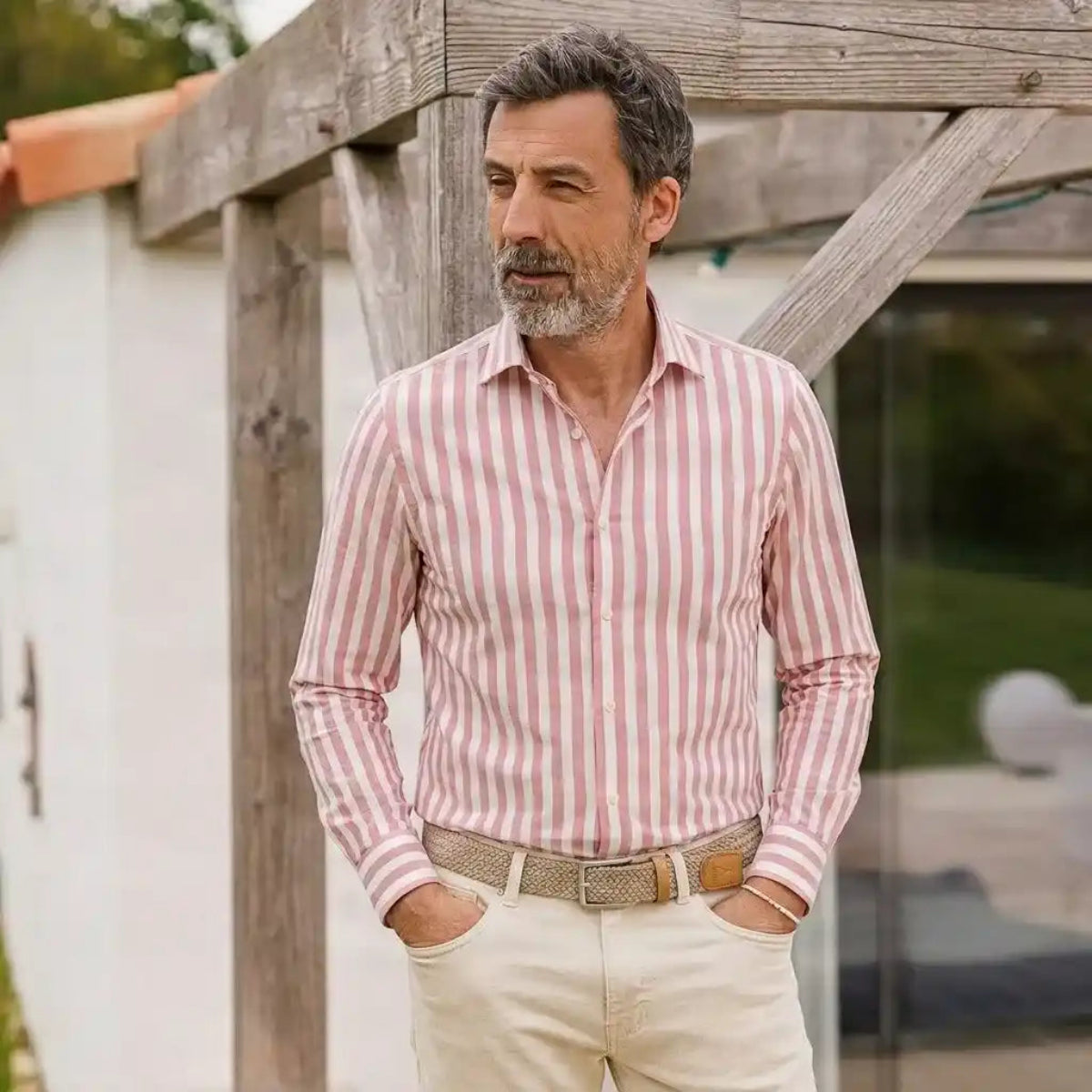 Chemise ajustée rayée en popeline coton rose fuchsia