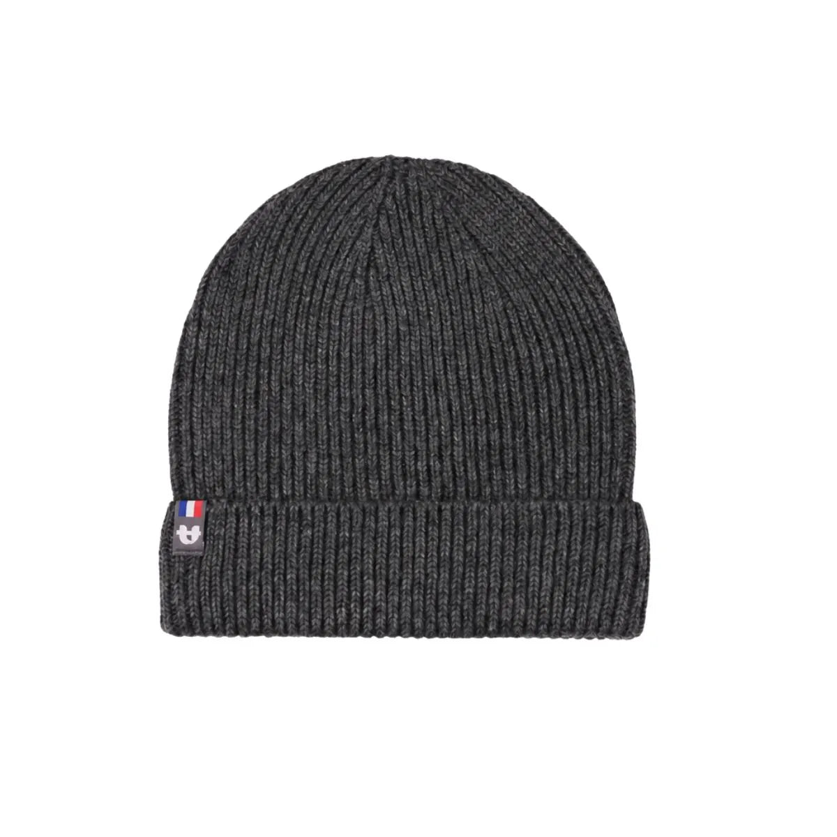 Bonnet en laine mérinos anthracite Roc Meije à revers, maille côtelée chinée et étiquette tricolore, posé à plat – PALÂBA