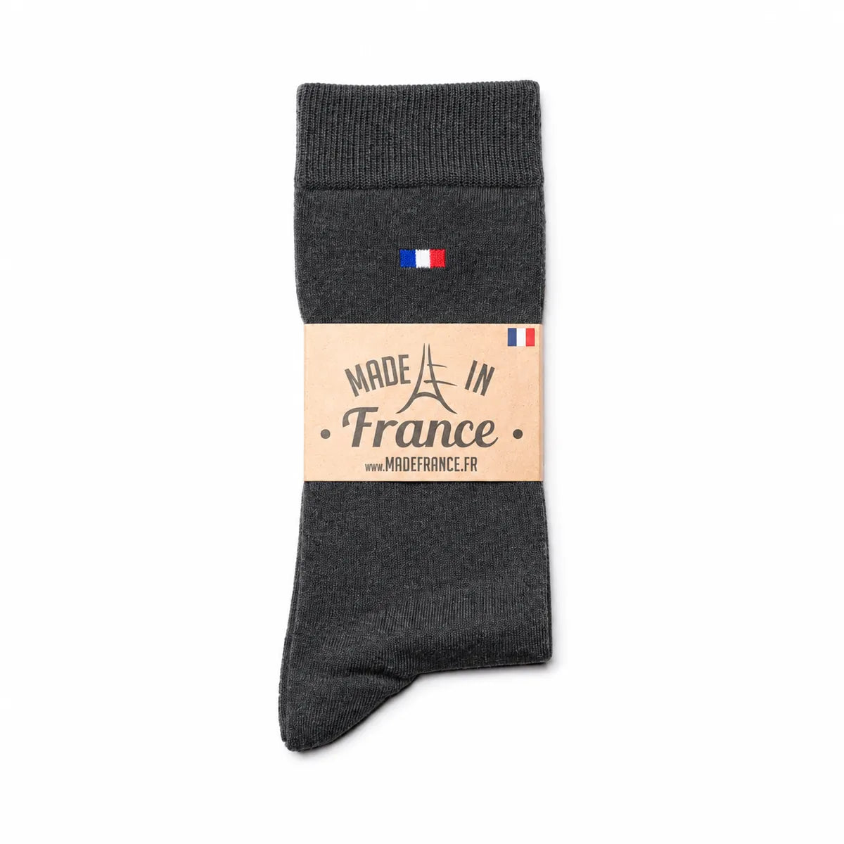 Chaussette française homme anthracite pliée avec son bandeau Made in France, 84 % coton – PALÂBA
