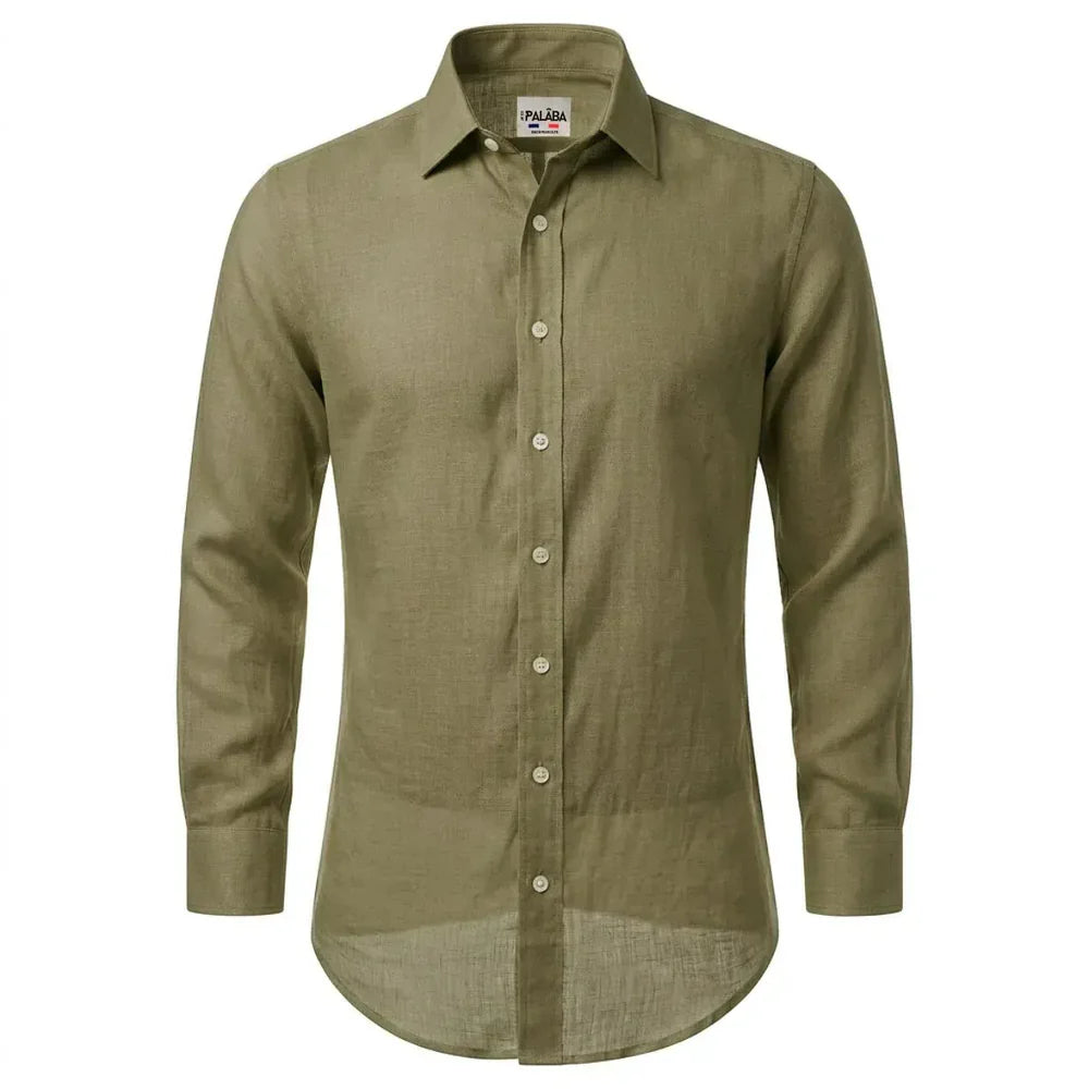 Chemise 100% lin col standard coupe ajustée kaki