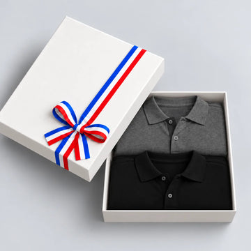 Coffret cadeau ouvert avec 2 polos homme gris anthracite et noir fabriqués en France – PALÂBA
