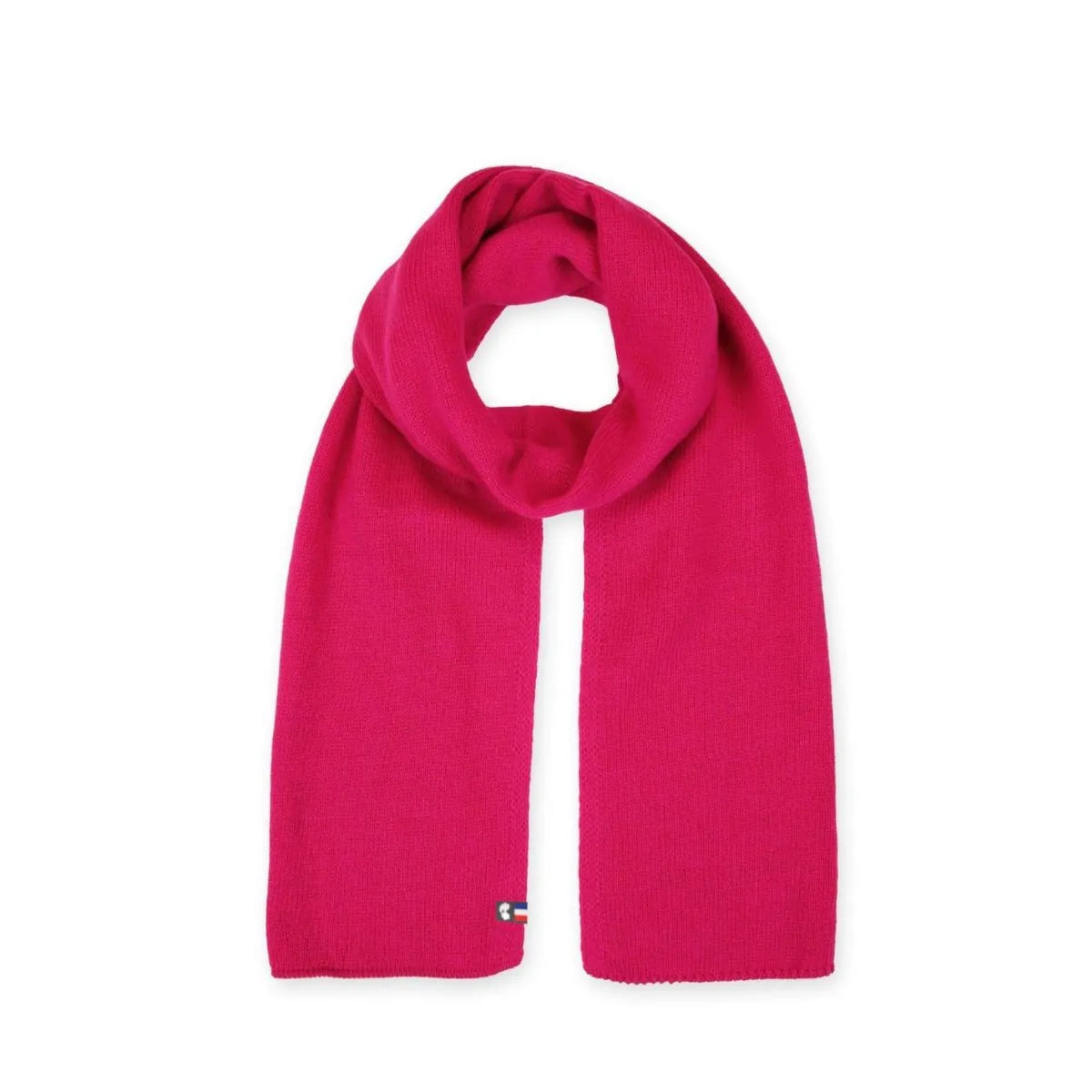 Écharpe en laine mérinos Fuchsia Rosière posée à plat, maille jersey et étiquette tricolore – PALÂBA