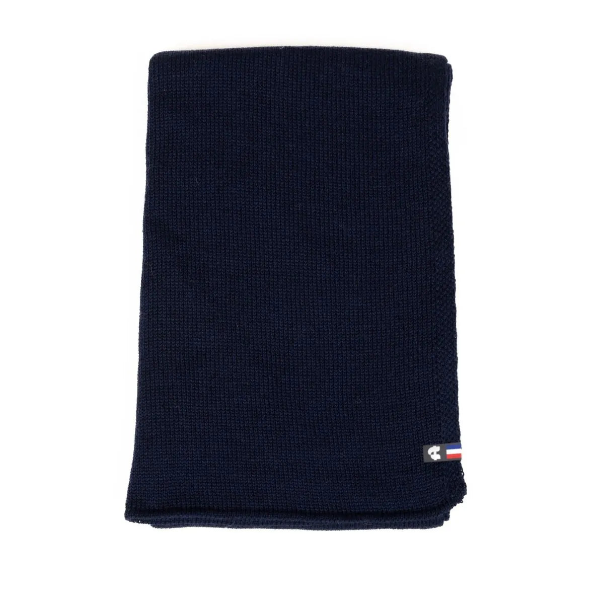 Écharpe en laine mérinos Marine Léman bleu marine pliée à plat, maille jersey et étiquette tricolore – PALÂBA