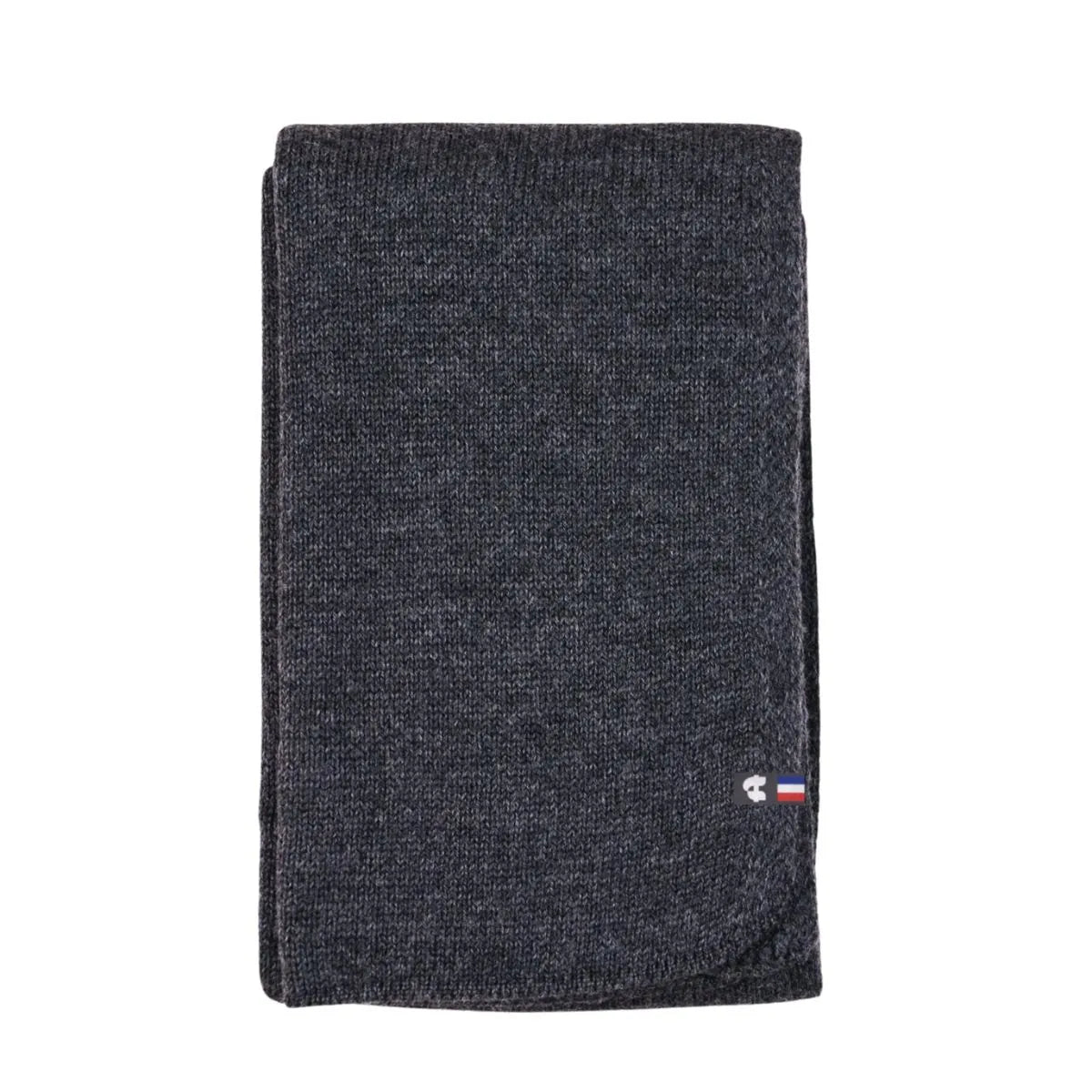 Écharpe en laine mérinos Roc Meije anthracite pliée à plat, maille jersey et étiquette tricolore – PALÂBA