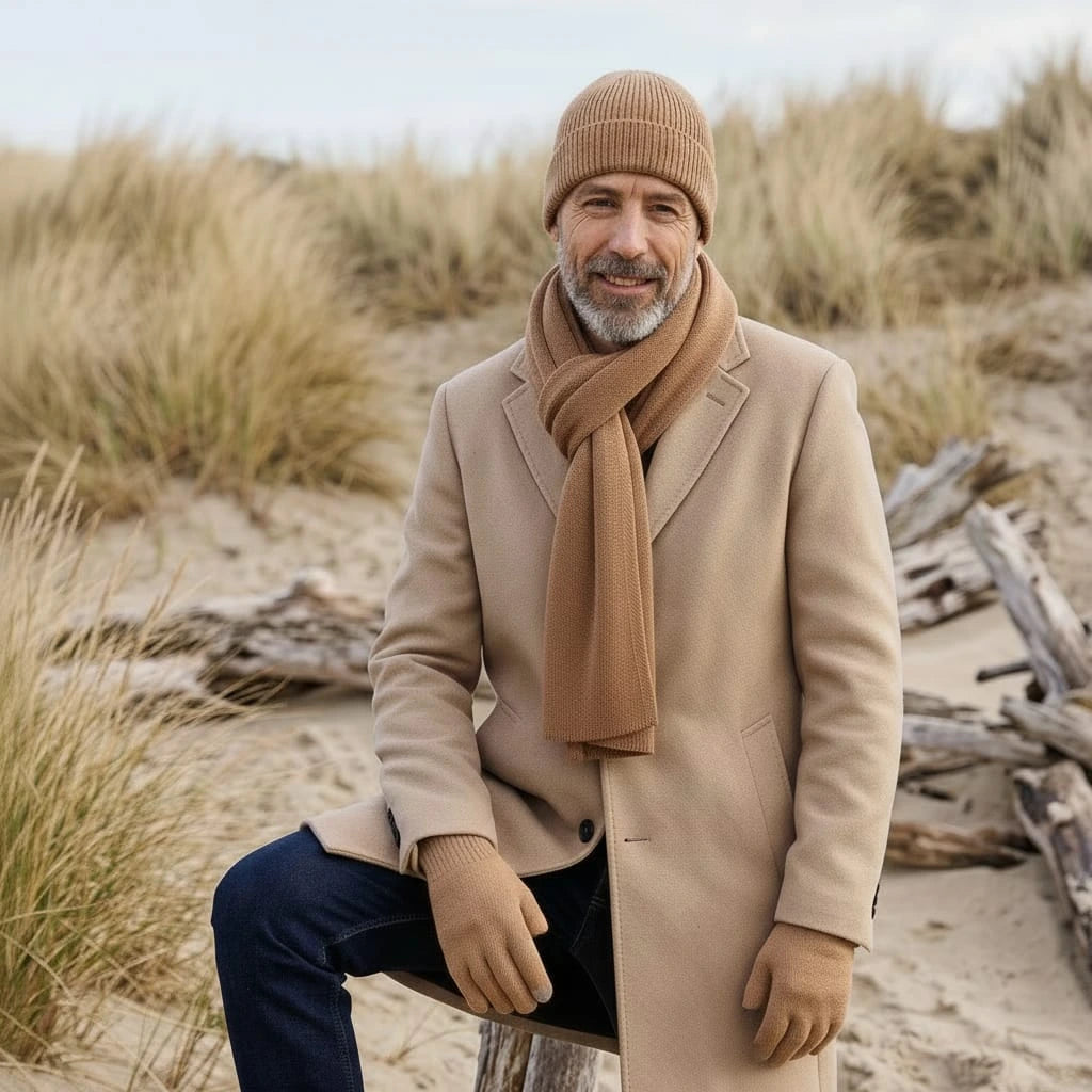 Homme barbu portant l'ensemble bonnet, écharpe et gants en laine mérinos Camel Aubrac dans les dunes – PALÂBA