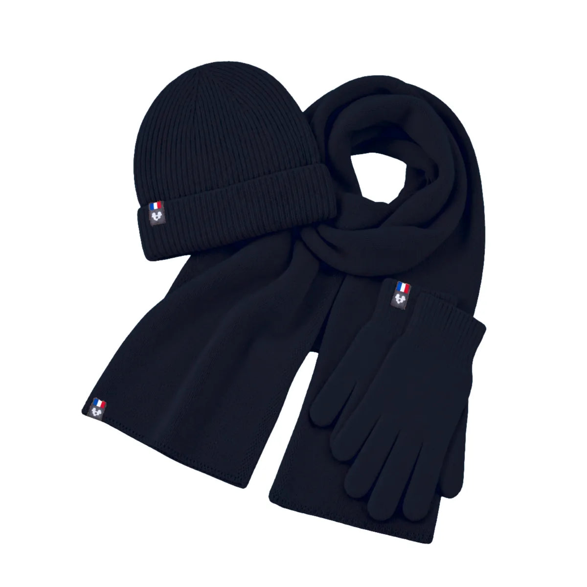 Ensemble bonnet, écharpe et gants tactiles en laine mérinos Marine Léman, posé à plat avec étiquettes tricolores – PALÂBA