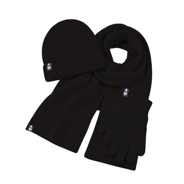 Ensemble bonnet, écharpe et gants tactiles en laine mérinos Noir Val d'Isère, posé à plat avec étiquettes tricolores – PALÂBA
