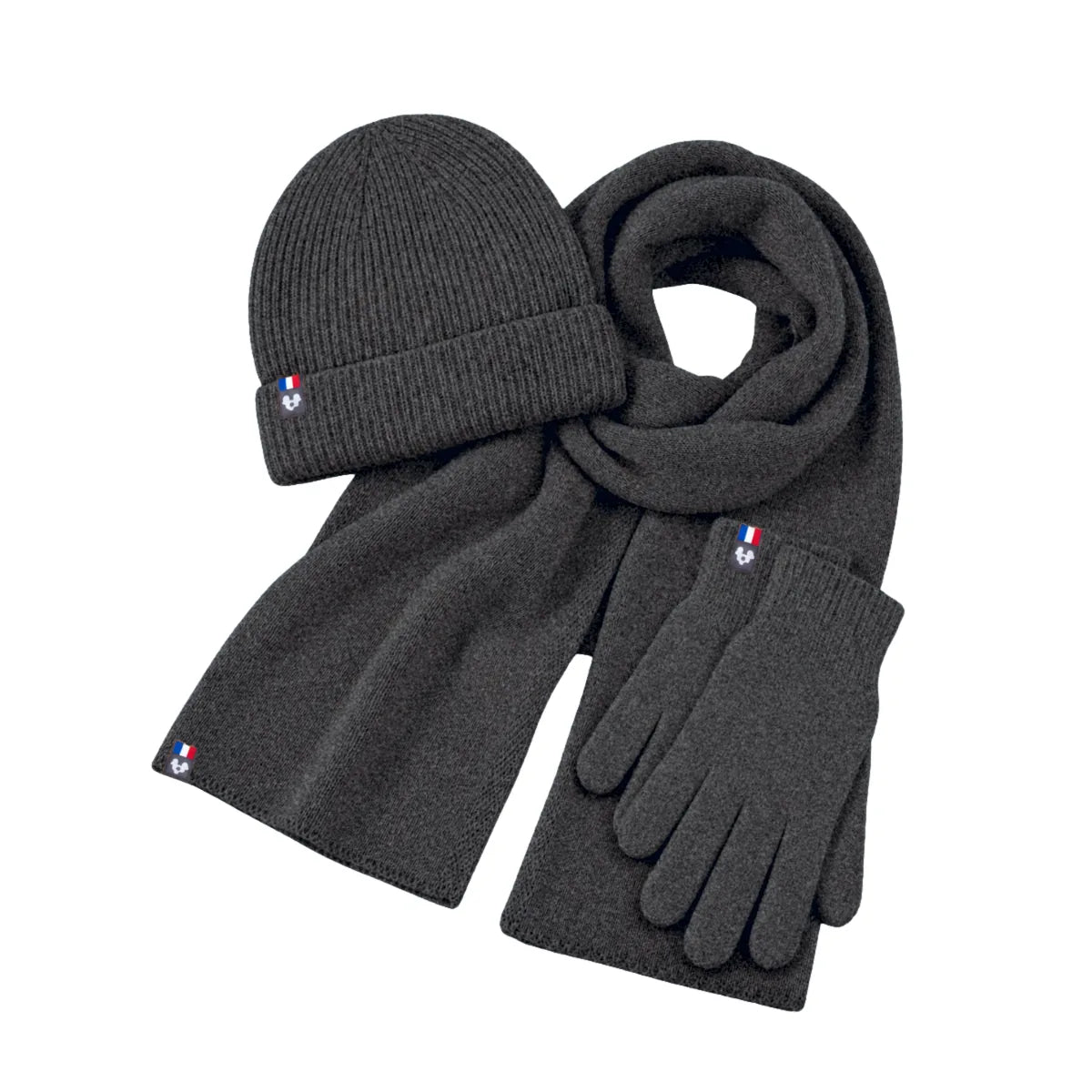 Ensemble bonnet, écharpe et gants tactiles en laine mérinos Roc Meije, posé à plat avec étiquettes tricolores – PALÂBA