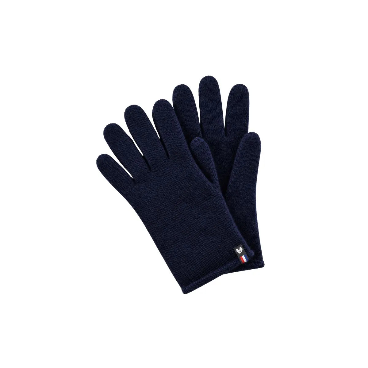 Paire de gants tactiles en cachemire et laine Marine Léman avec étiquette tricolore, posée à plat – PALÂBA