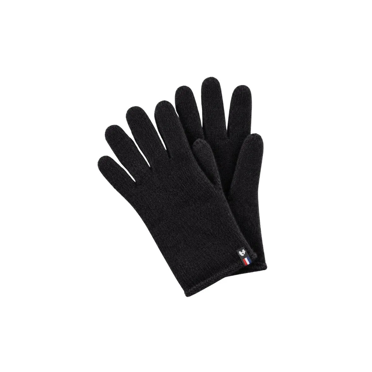 Paire de gants tactiles en cachemire et laine Noir Val d'Isère avec étiquette tricolore, posée à plat – PALÂBA