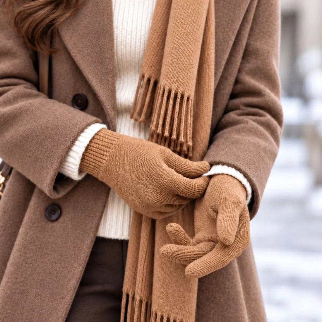 Femme en manteau marron portant des gants tactiles en laine mérinos Camel Aubrac et une écharpe camel à franges assortie – PALÂBA