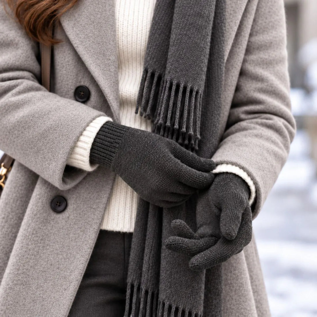Femme en manteau gris clair portant des gants tactiles en laine mérinos Roc Meije et une écharpe anthracite à franges – PALÂBA