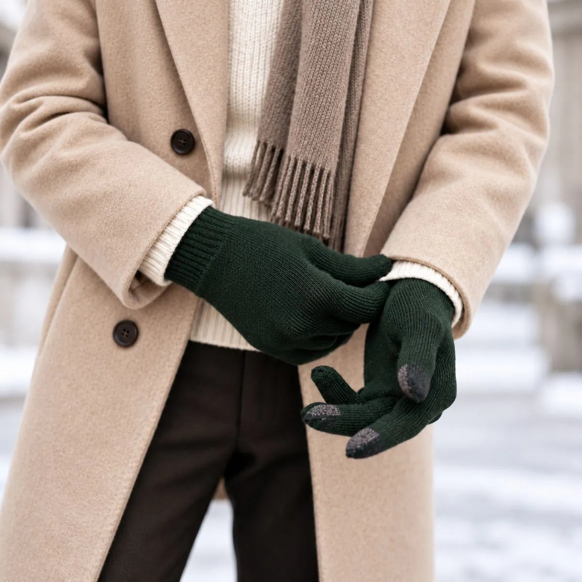 Homme en manteau camel enfilant des gants tactiles en laine mérinos vert Forêt Bauges, bouts des doigts tactiles visibles – PALÂBA