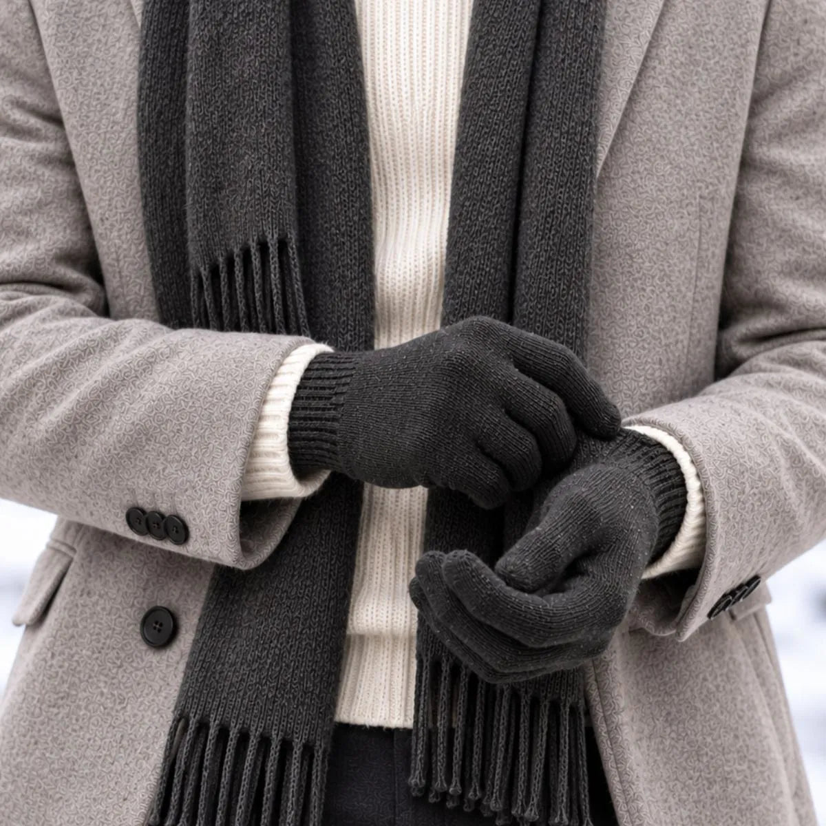 Homme en manteau gris clair et écharpe anthracite enfilant des gants tactiles en laine mérinos Roc Meije – PALÂBA
