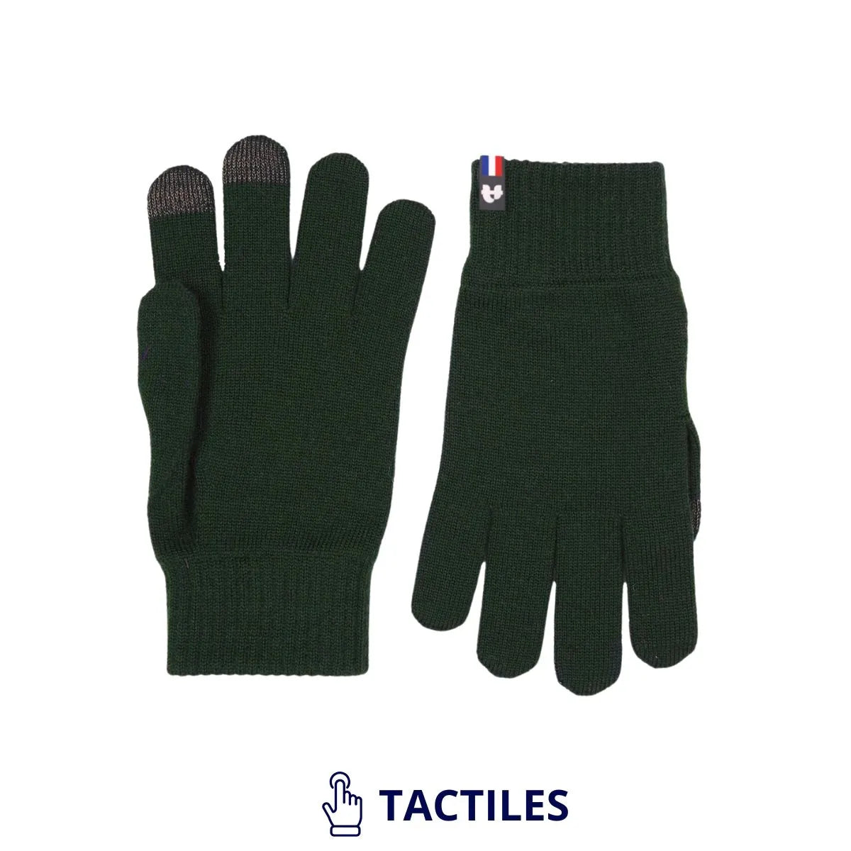 Paire de gants tactiles en laine mérinos vert Forêt Bauges posée à plat, bouts des doigts tactiles et étiquette tricolore – PALÂBA