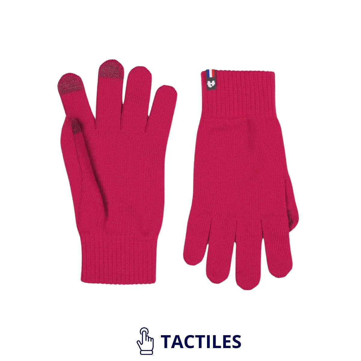 Paire de gants tactiles en laine mérinos Fuchsia Rosière posée à plat, bouts des doigts tactiles et étiquette tricolore – PALÂBA