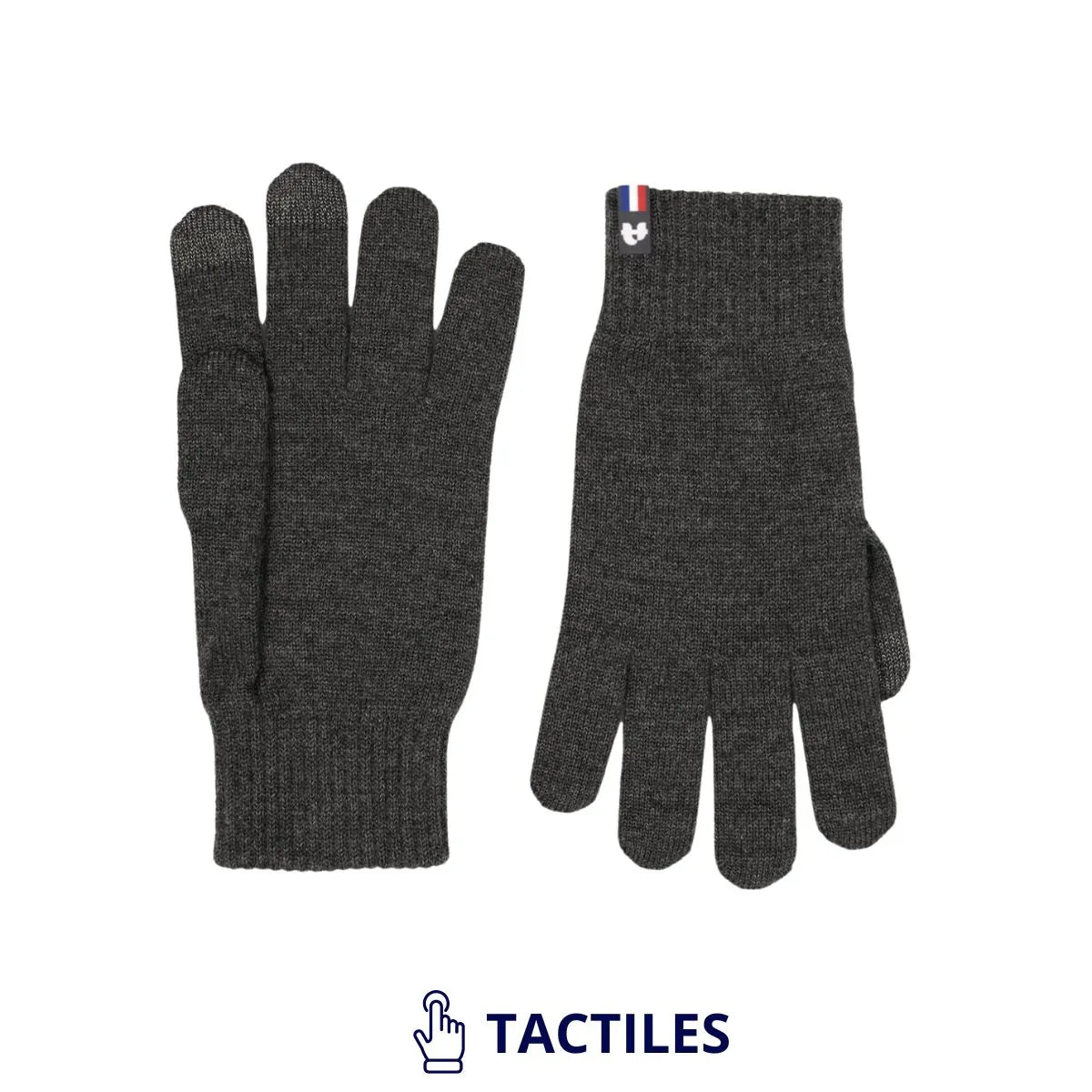 Paire de gants tactiles en laine mérinos Roc Meije posée à plat, bouts des doigts tactiles et étiquette tricolore – PALÂBA