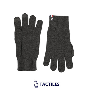 Paire de gants tactiles en laine mérinos Roc Meije posée à plat, bouts des doigts tactiles et étiquette tricolore – PALÂBA