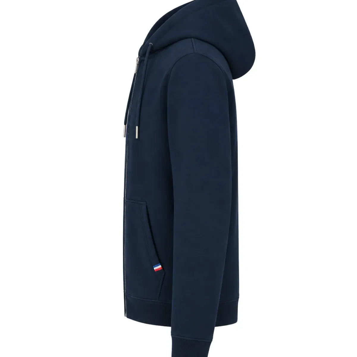 Hoodie zippé homme molletonné marine vu de profil, cordon à embouts métalliques et détail tricolore sur la poche – PALÂBA