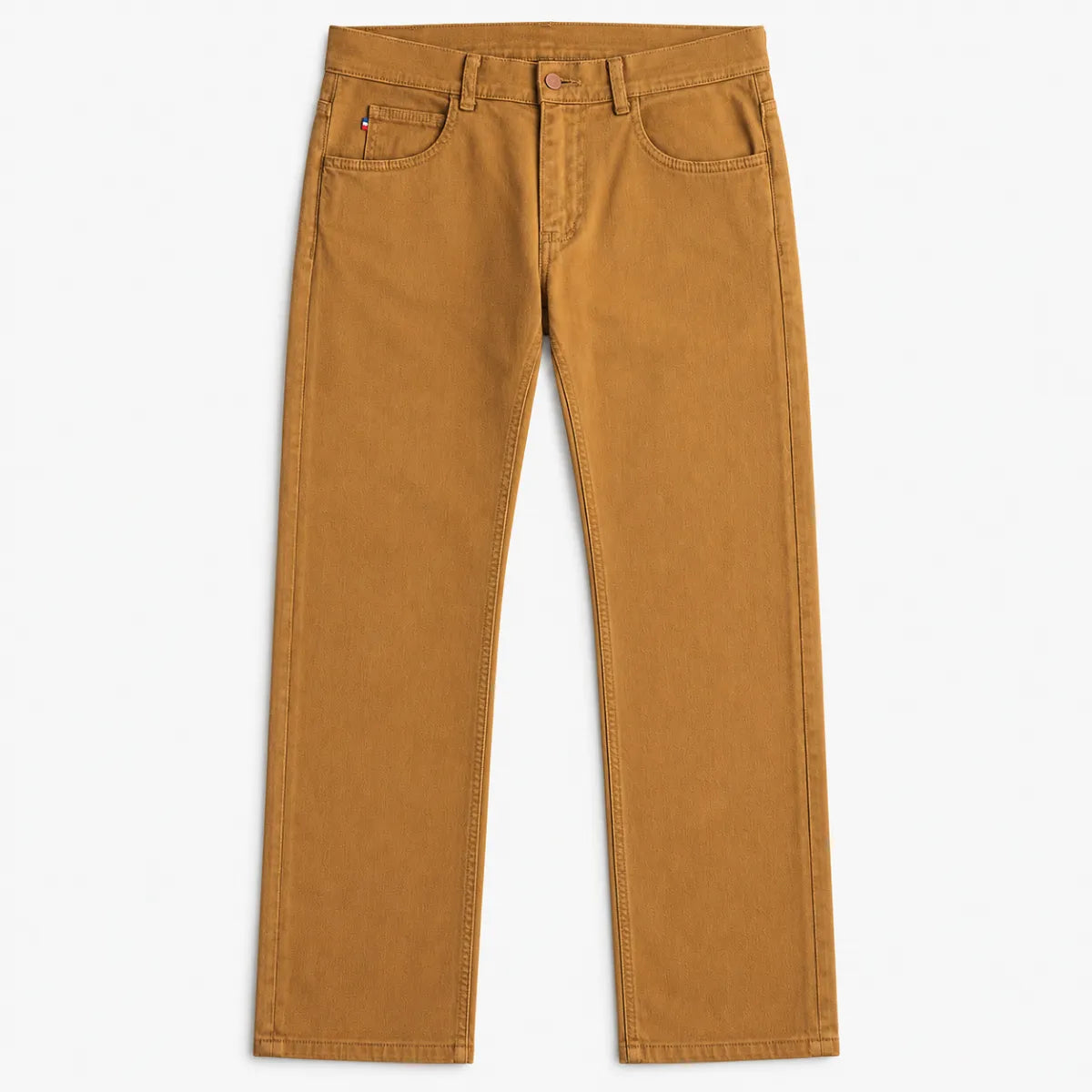 Jean marron homme coupe droite couleur camel, vu de face à plat, avec drapeau tricolore sur la poche – PALÂBA