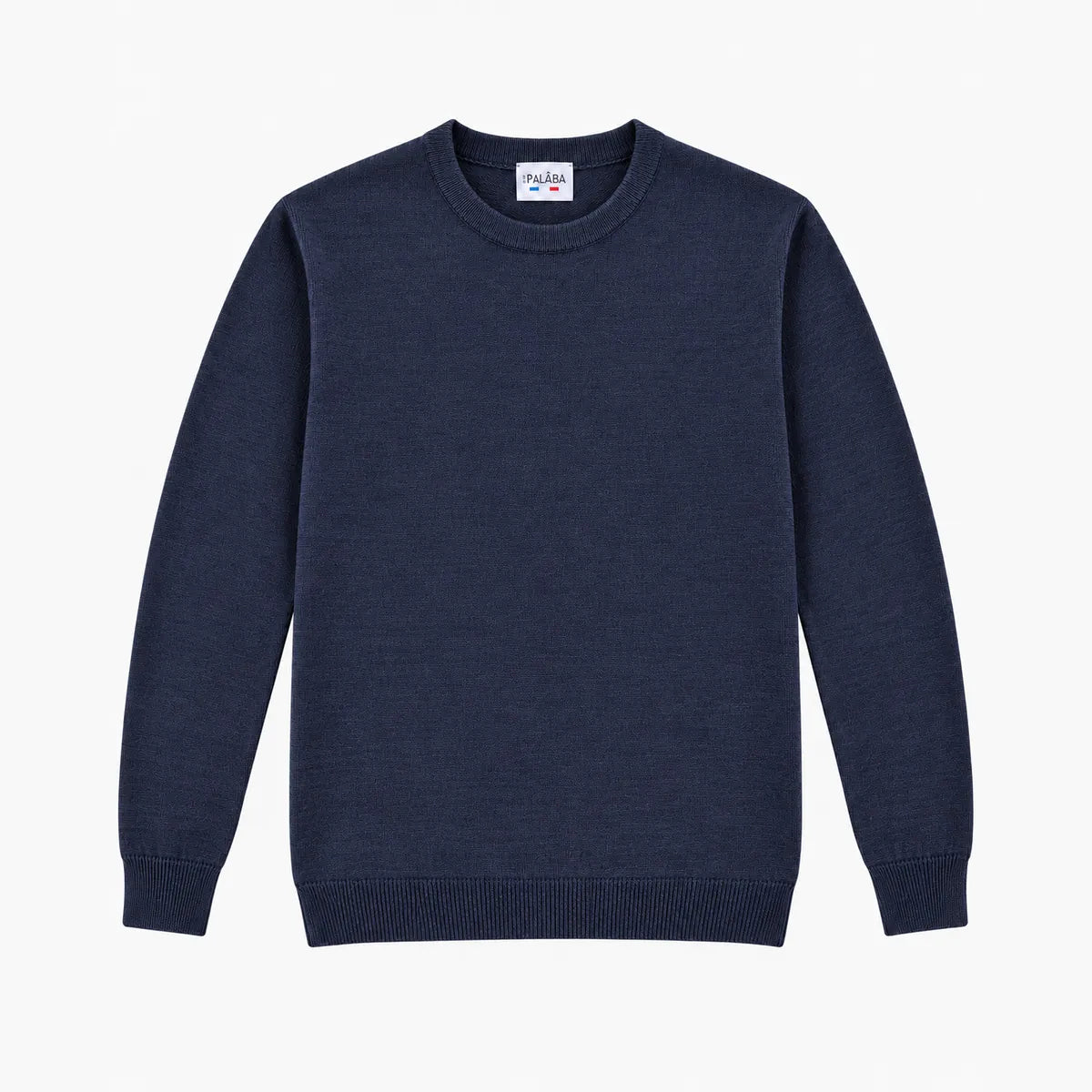 Pull bleu marine homme en laine mérinos à col rond, présenté à plat avec son étiquette PALÂBA