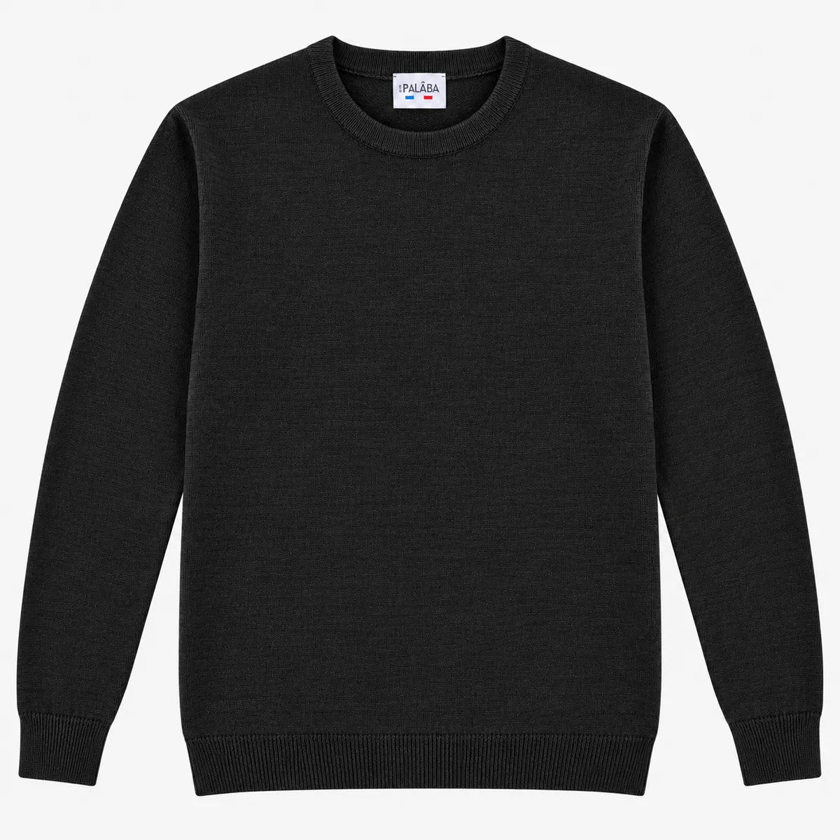Pull noir homme en laine mérinos à col rond, présenté à plat avec son étiquette PALÂBA