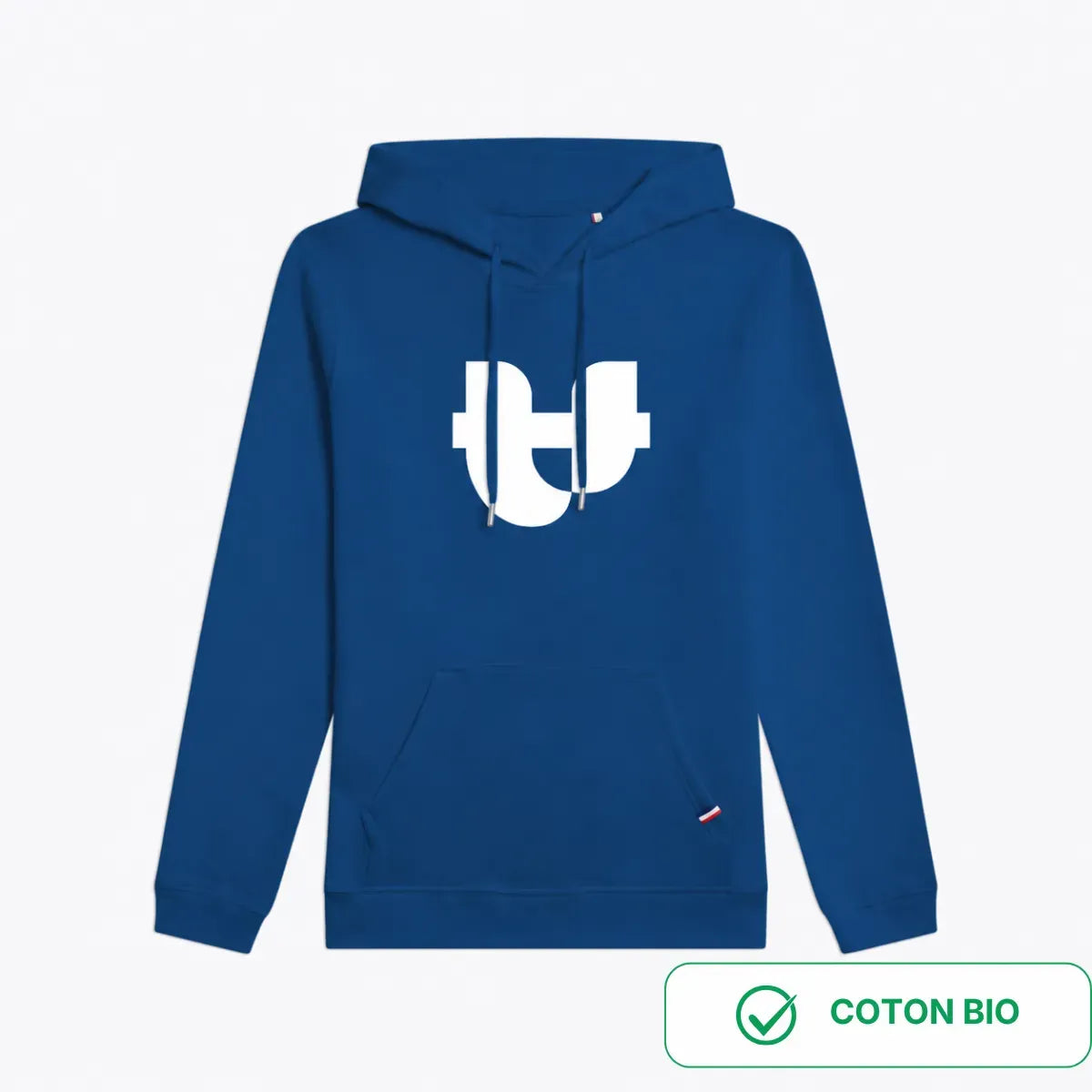 Sweat à capuche femme bleu électrique vu de face, grand logo PALÂBA blanc, poche kangourou et étiquette tricolore – PALÂBA