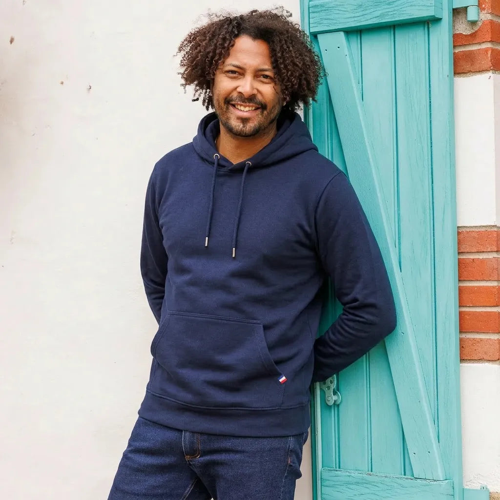 sweat à capuche bleu marine pour homme coton bio made in France PALABA