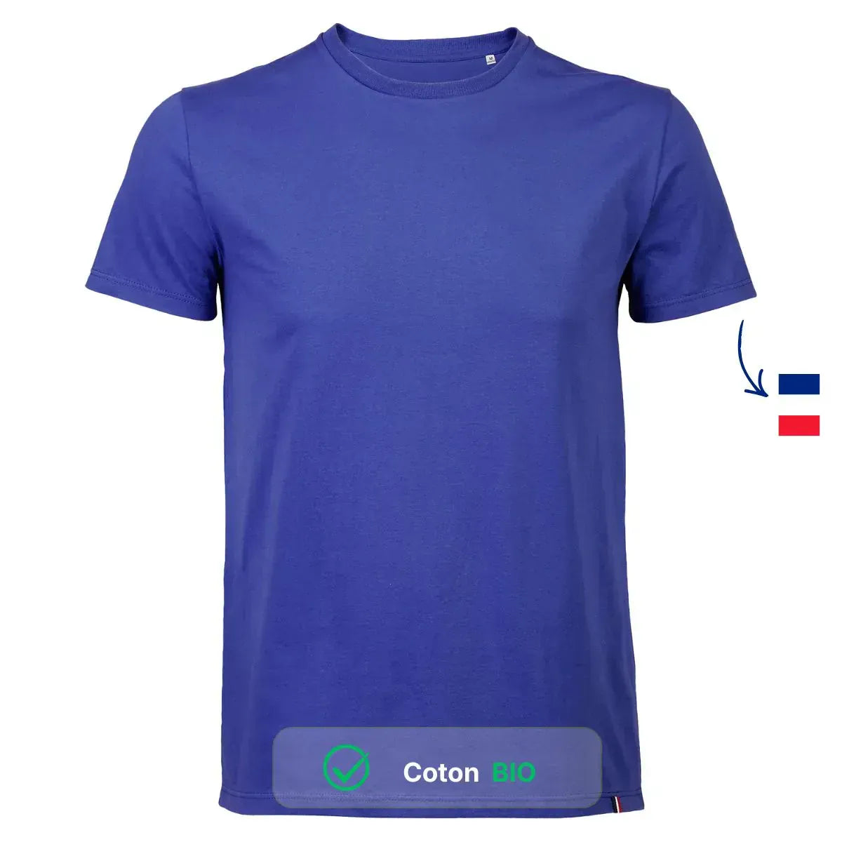 t-shirt bleu roi pour homme col rond coton bio made in France taille S/M/L/XL/XXL/23XL