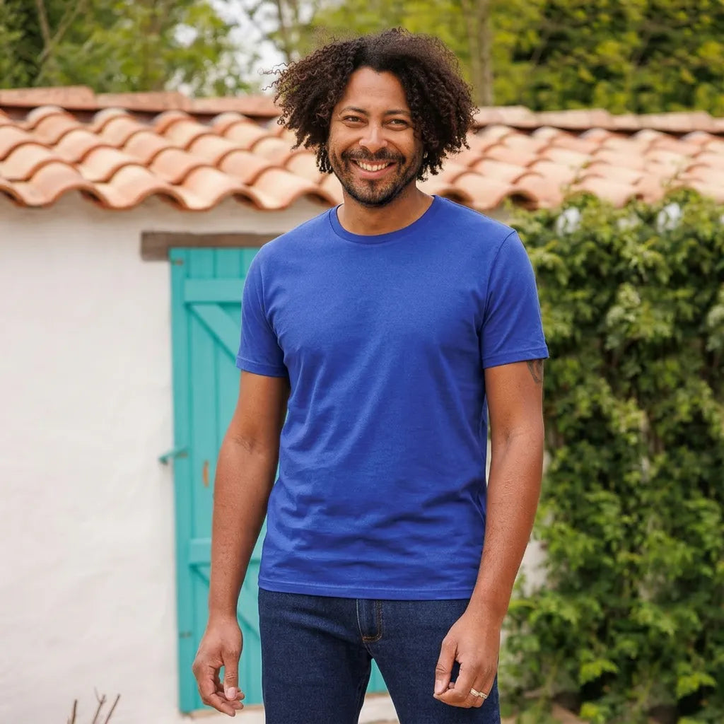 t-shirt bleu roi pour homme col rond coton bio made in France taille S/M/L/XL/XXL/23XL