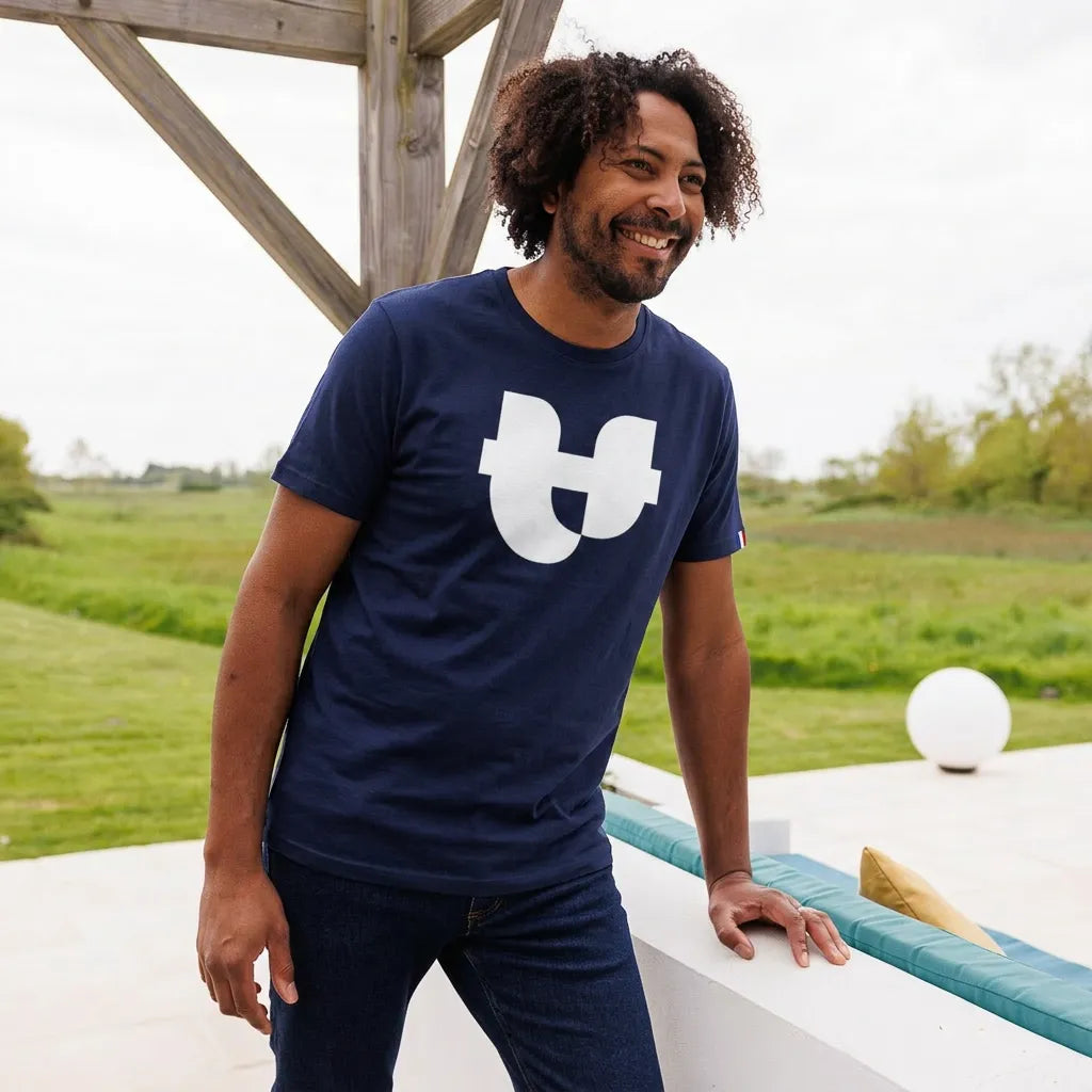 t-shirt homme col rond marine en coton bio imprimé blanc